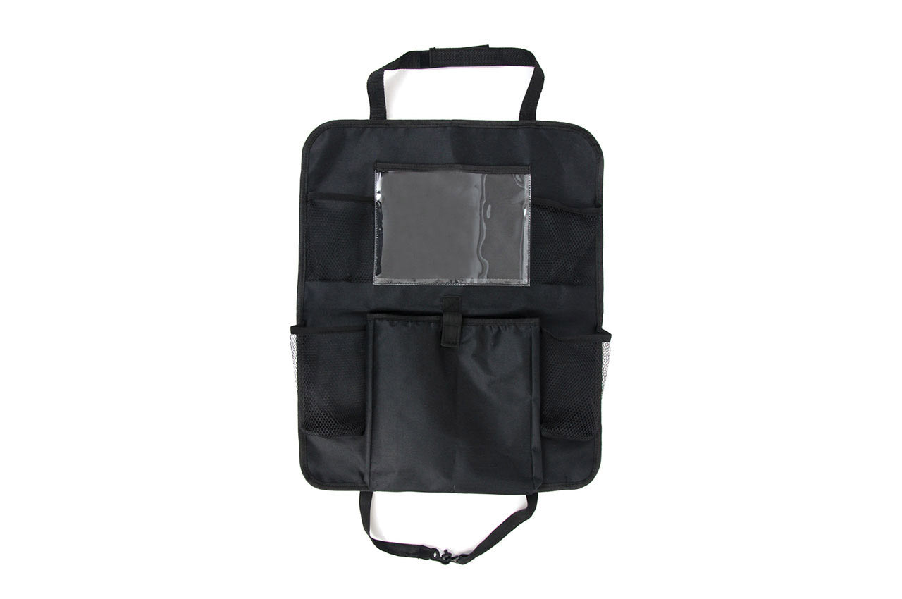 Organizador de asiento negro con bolsillo para tablet y compartimentos para montar en la parte trasera del asiento delantero