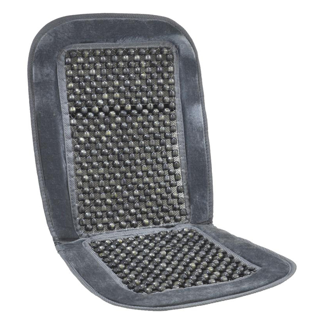 Grijze zitmat met houten kralen voor de autostoel