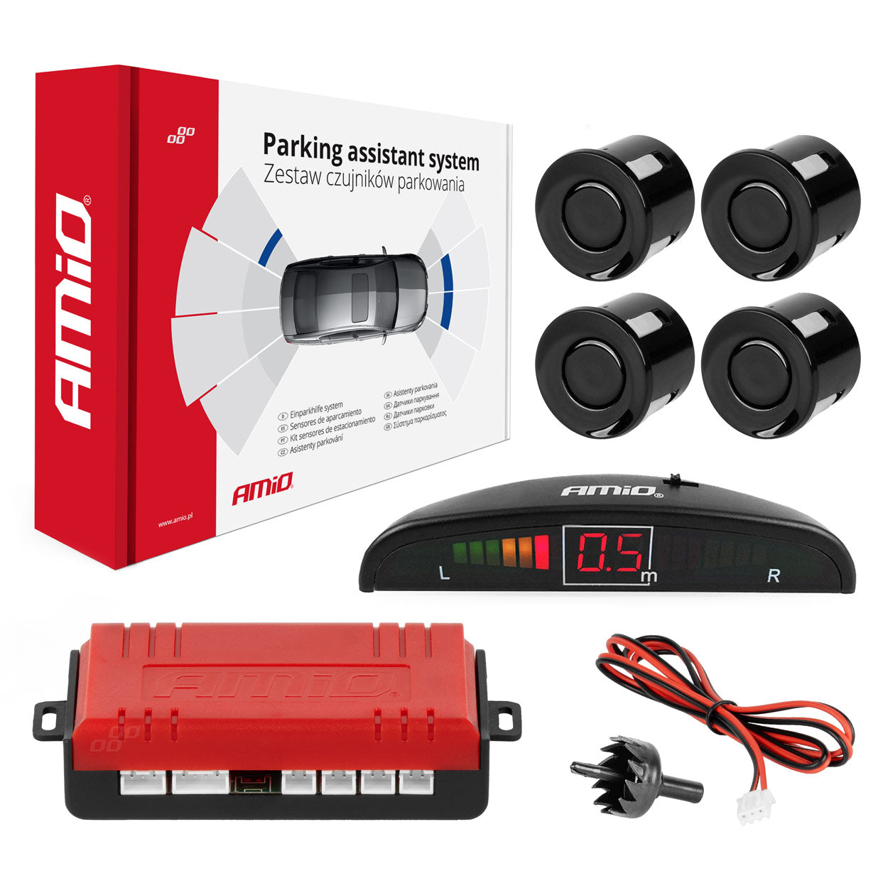 Sistema di parcheggio con quattro sensori neri e display LED