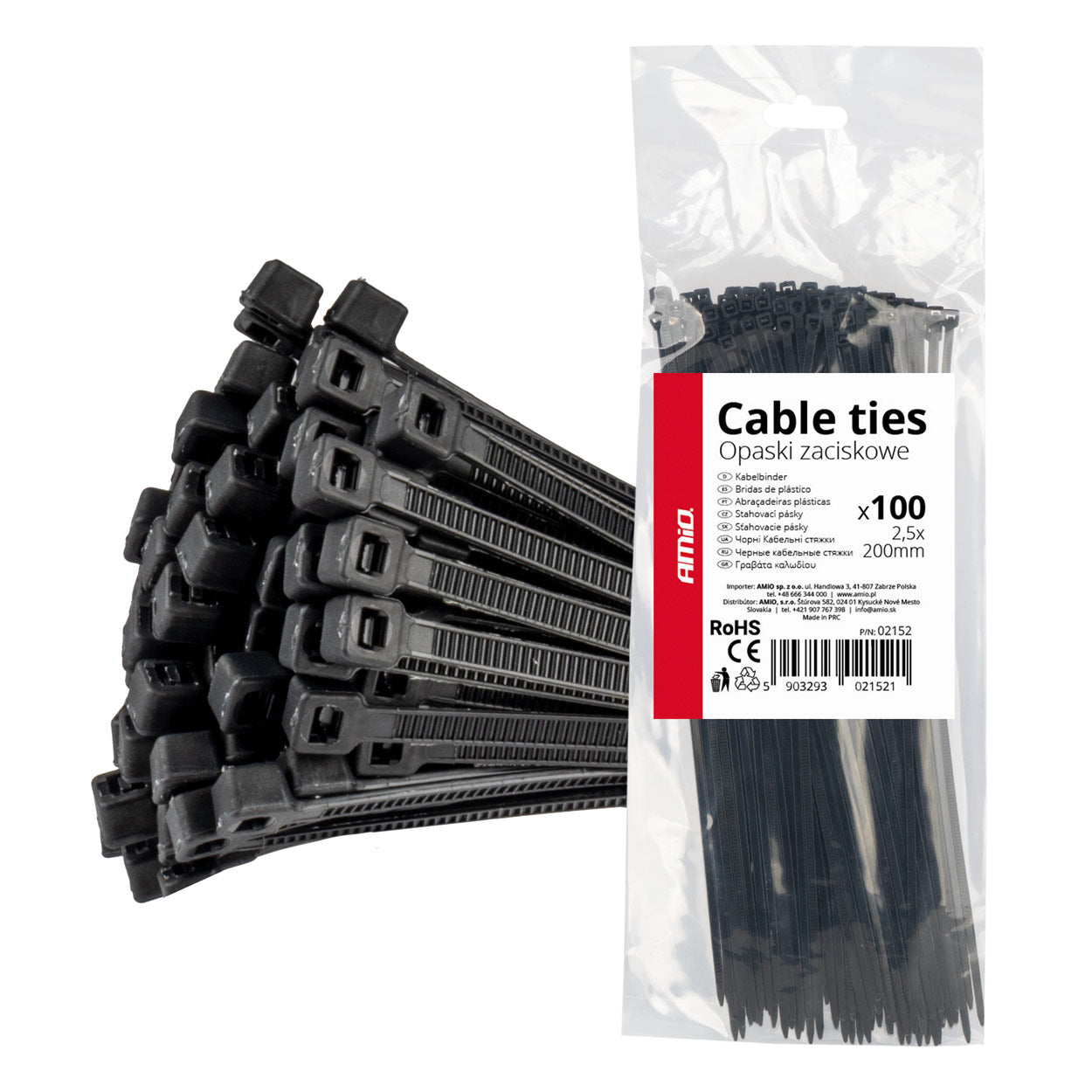 Black cable ties 2.5 x 200 mm, 100 pcs.