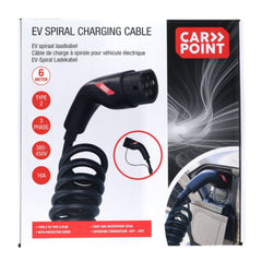 Câble de recharge spiralé Carpoint pour voiture électrique Type 2 vers Type 2, 16 A, triphasé, 6 mètres 