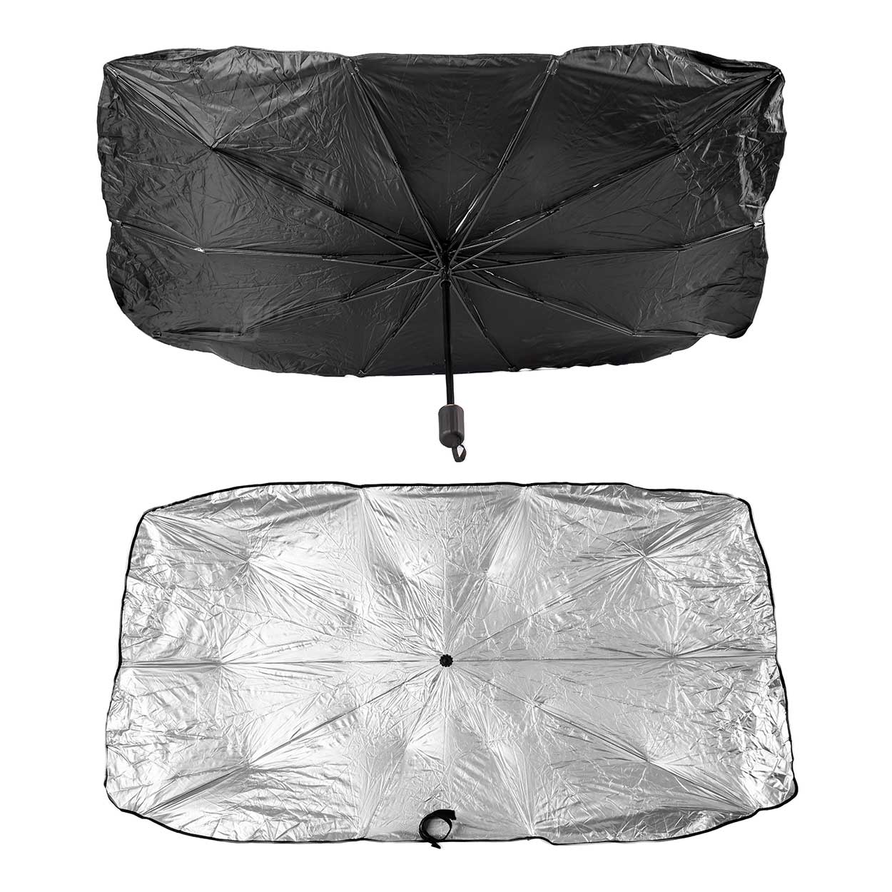 Foldable grey and black car windshield sunshade