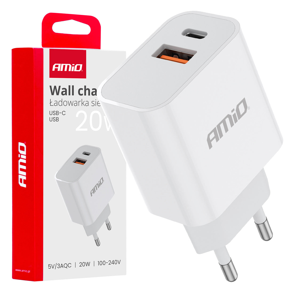Biela sieťová nabíjačka s USB-C a USB-A pre 20 W nabíjanie