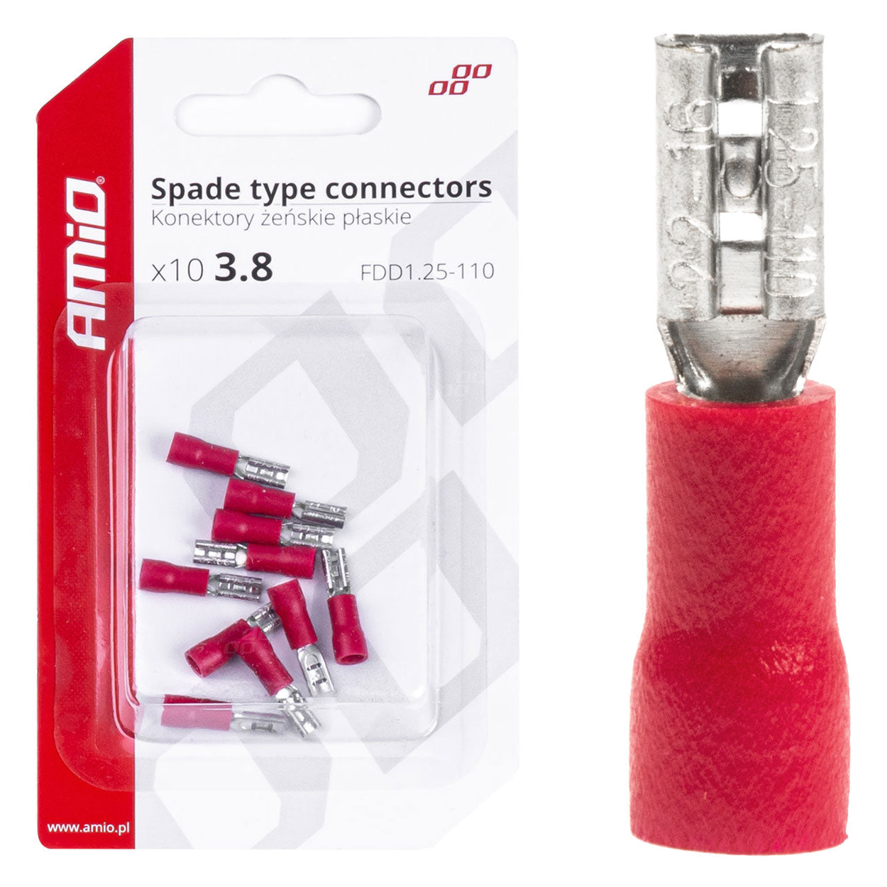 Červené izolované ploché káblové konektory samica 3,8 mm