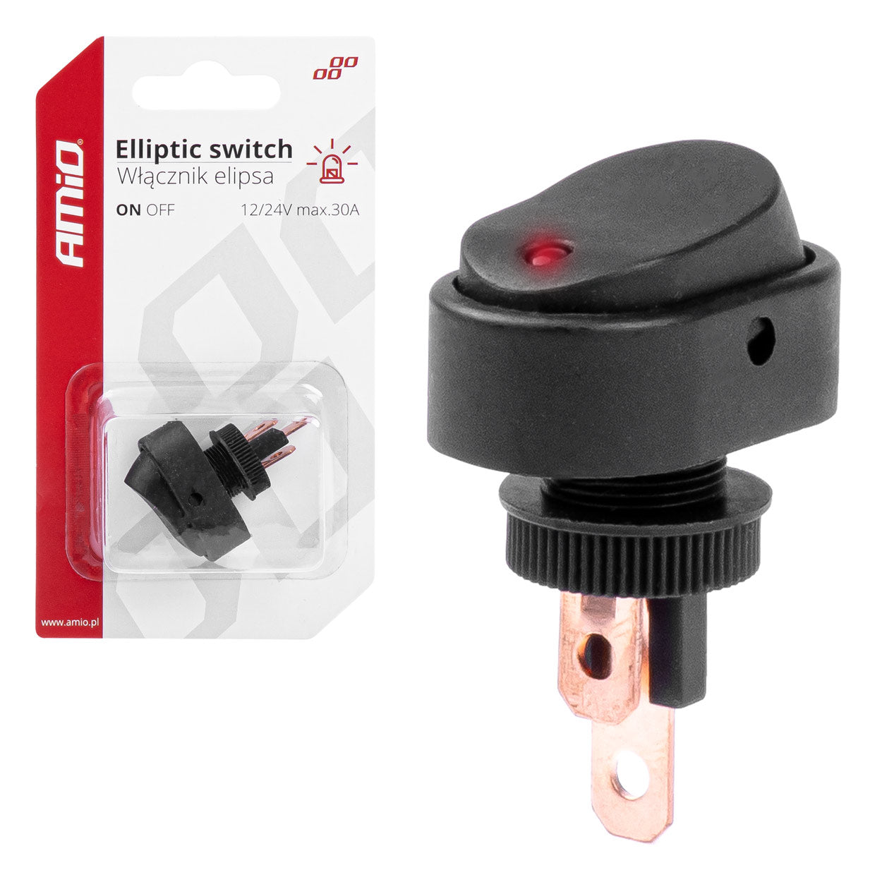Black oval switch with red light for 12/24 V