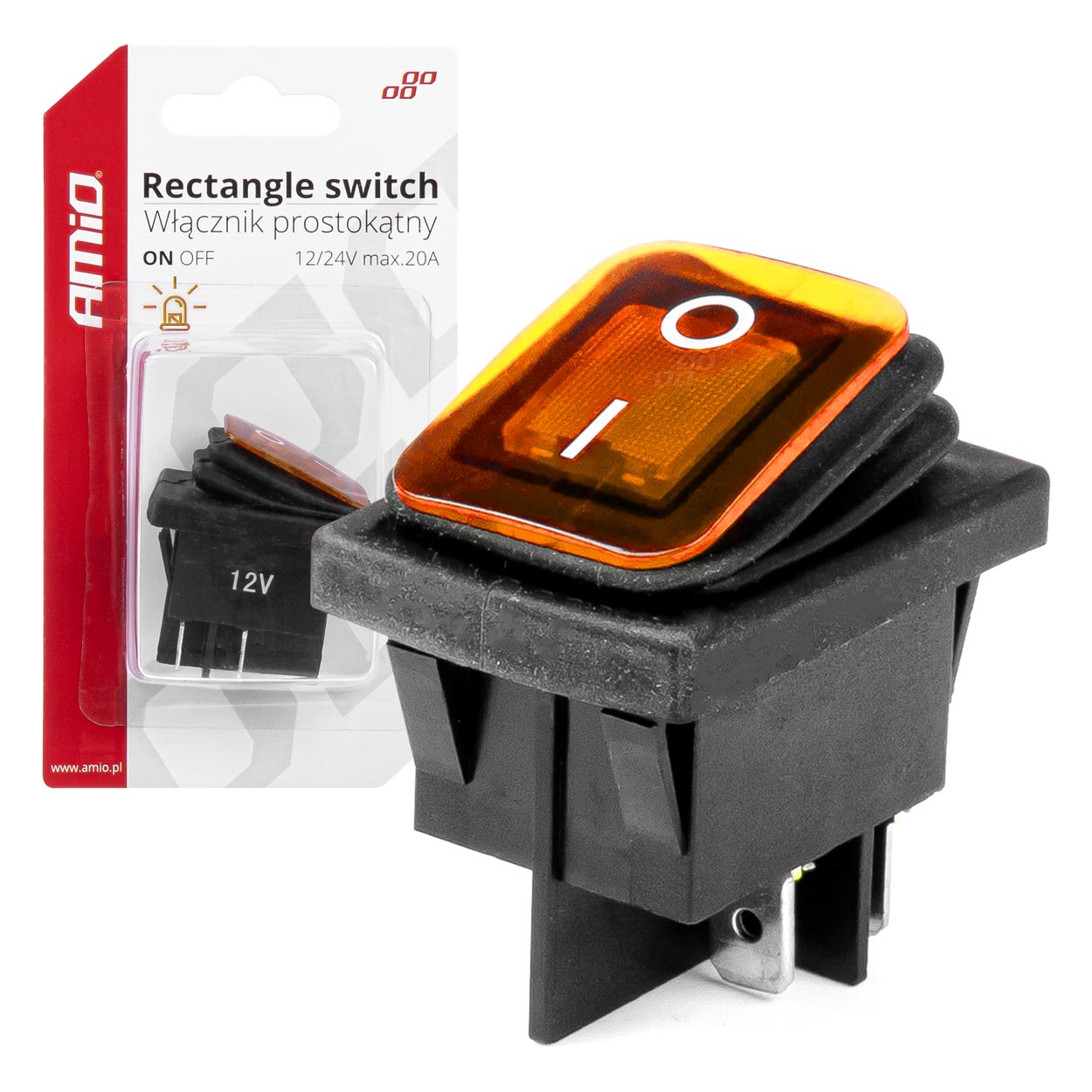 Rectangular switch with yellow illumination for 12/24 V