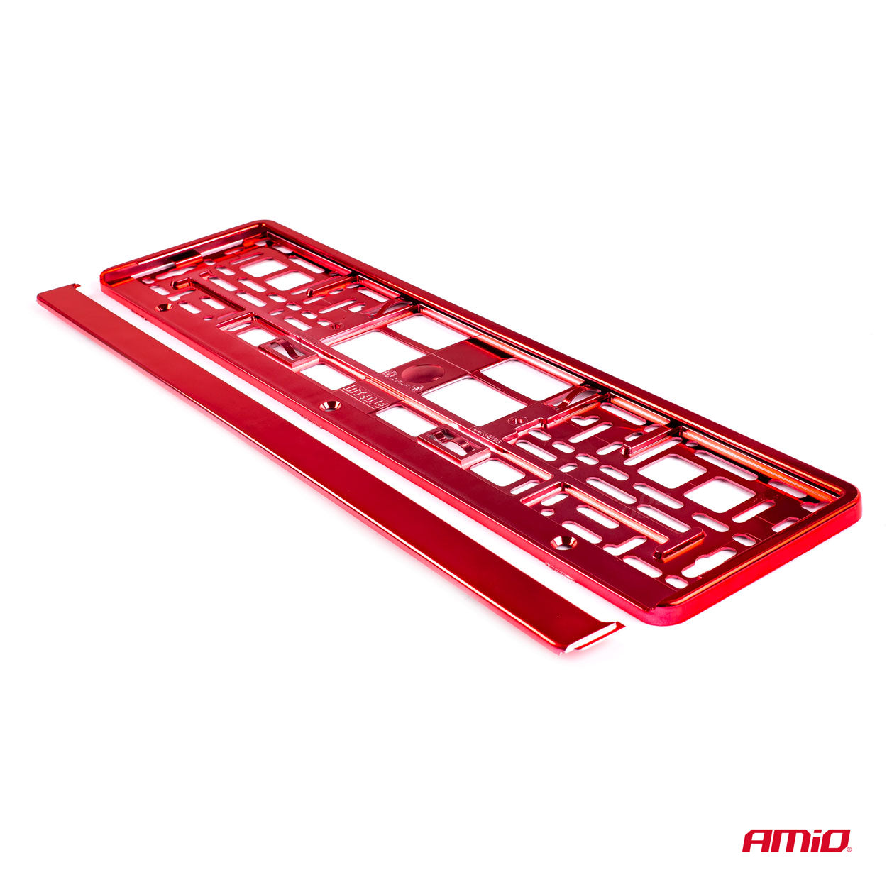 Metallic red number plate frame viewed from the side