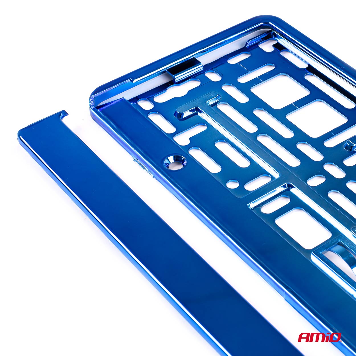 Moldura de matrícula azul metalizado vista de lado