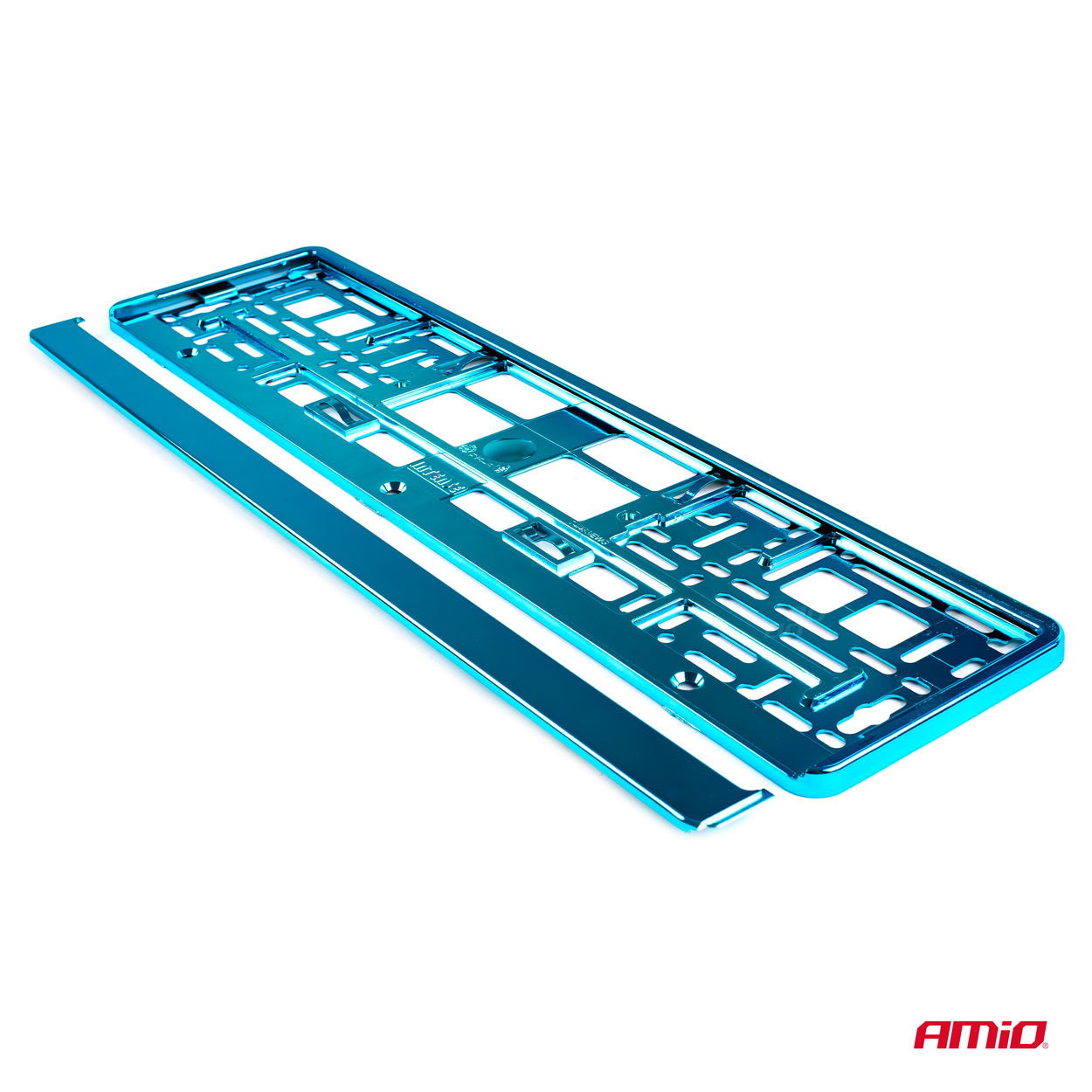 Turquoise metallic license plate frame seen from the side