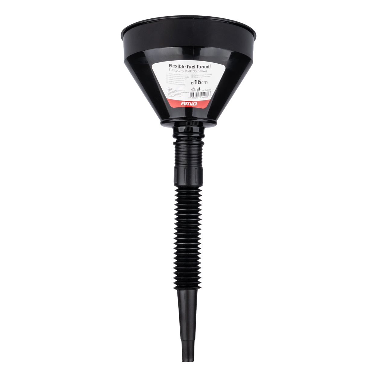 Sort fleksibel tragt med integreret si, 16 cm