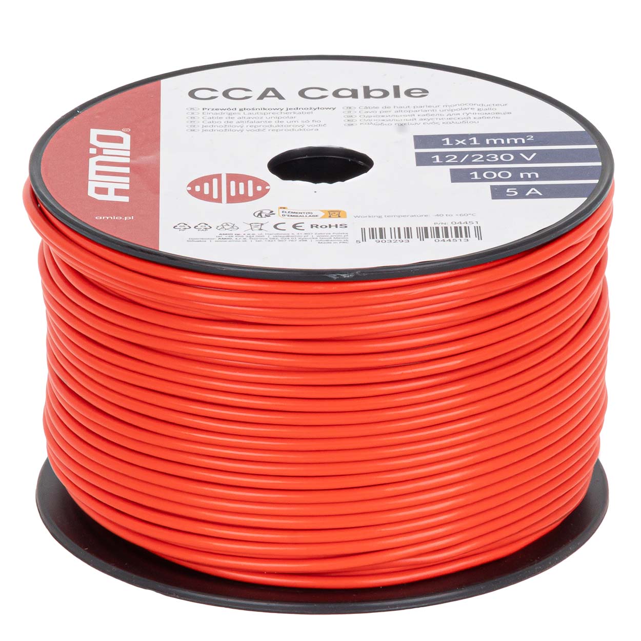 Rødt CCA-installationskabel på 100 meters rulle