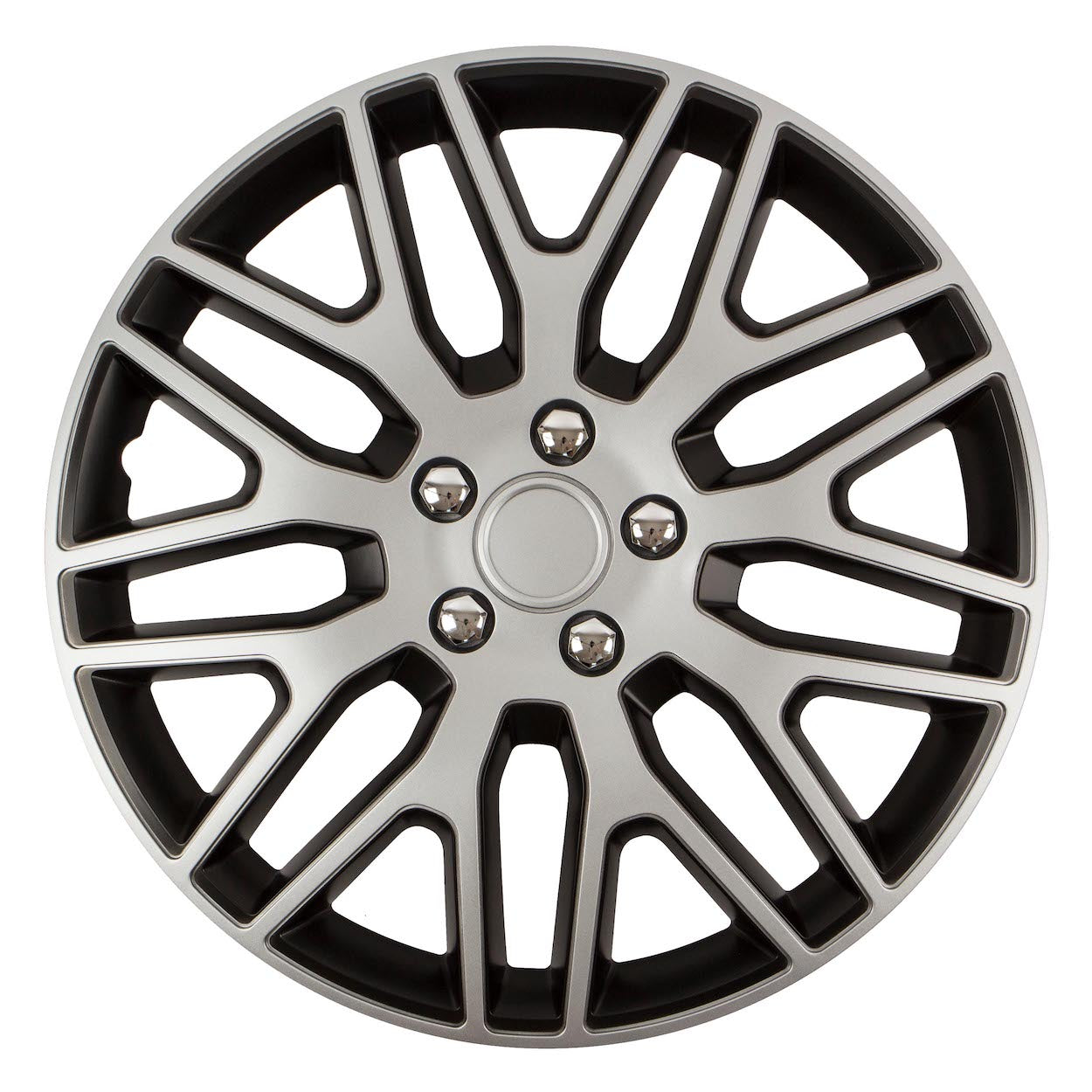 Poklice Dakar NC 15 palců v černé a stříbrné barvě s chromovanými maticemi