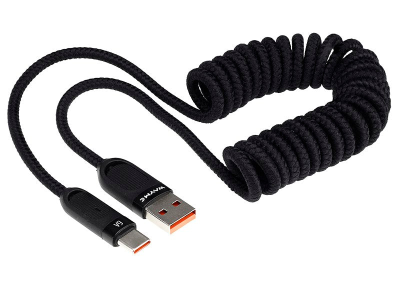 WAYME USB-C-Ladekabel mit Spiraldesign in Schwarz, 50–180 cm