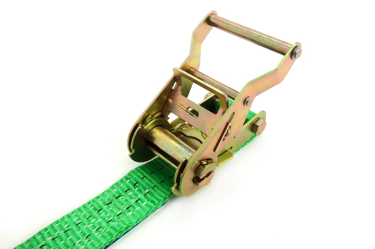 Ratelspanband met ratelmechanisme en tweedelige haak