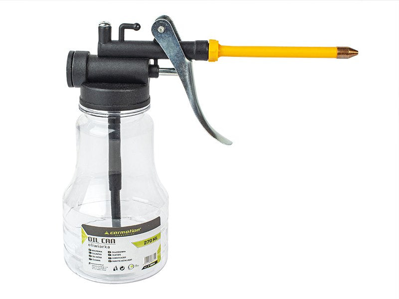 Transparent 270 ml oil can with precision dispenser and rigid spout