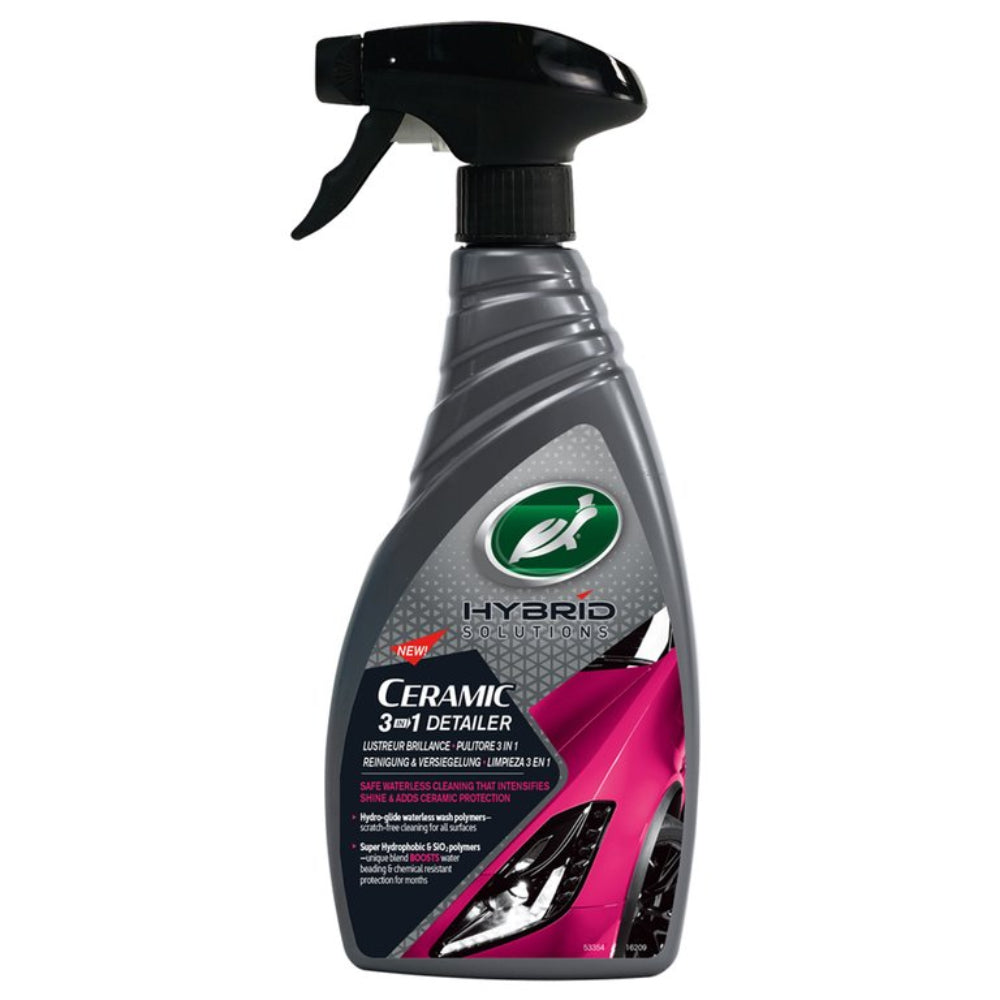 Turtle Wax HS Ceramic 3in1 Detailer 500ml spray bottle for car maintenance and shine enhancement.