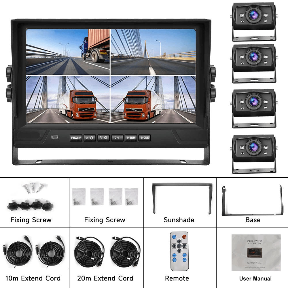 Achteruitrijcamerasysteem met 9" scherm en 4 camera's, inclusief 9" IPS-scherm en 4 camera's voor optimaal overzicht en extra veiligheid.