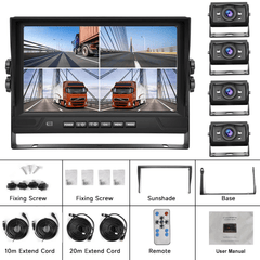 Achteruitrijcamerasysteem met 9" scherm en 4 camera's, inclusief 9" IPS-scherm en 4 camera's voor optimaal overzicht en extra veiligheid.