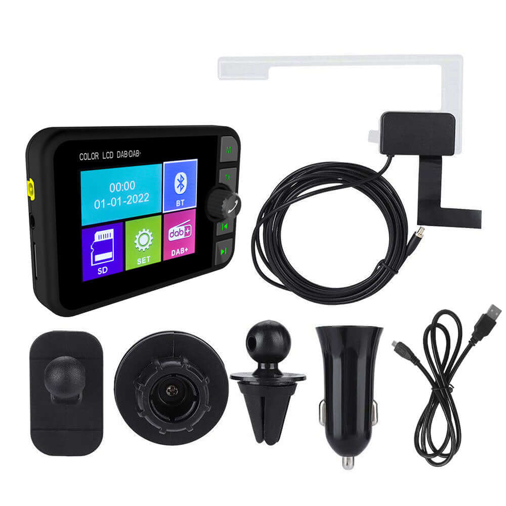 Προσαρμογέας DAB+ με έγχρωμη οθόνη LCD 2,4", Bluetooth, FM transmitter και AUX - ψηφιακό ραδιόφωνο αυτοκινήτου με αξεσουάρ.