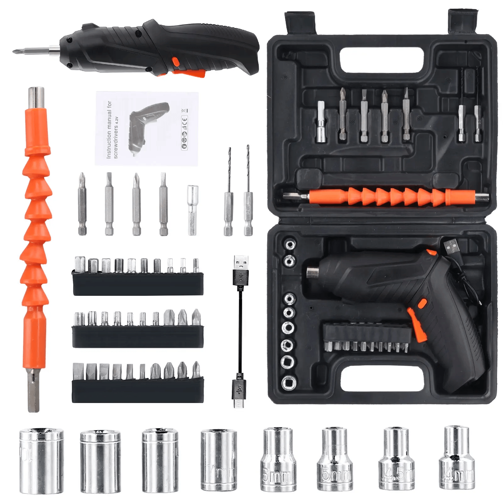 Elektrische schroevendraaierset 47-delig – 3.6V draadloos multigereedschap met diverse bits en accessoires.