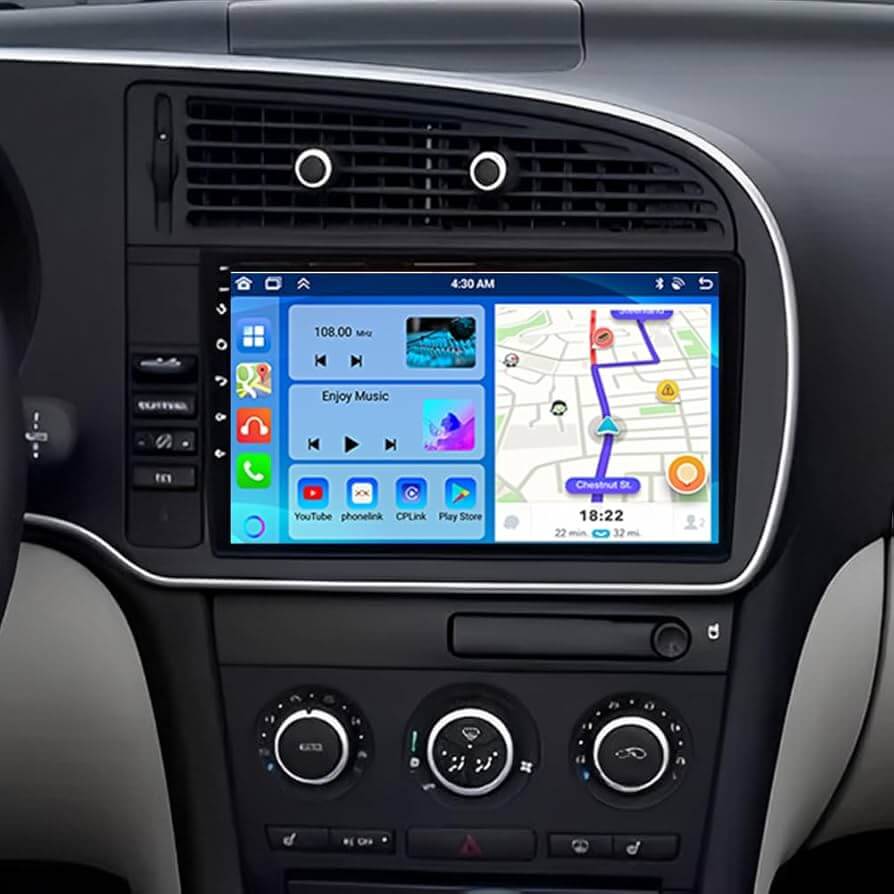 Saab 9-3 07-12 - 9" Radio m. Apple CarPlay og Android Auto med moderne infotainment-system og berøringsskærm.