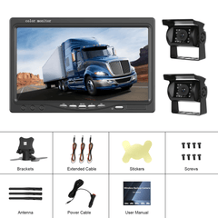 Trådlöst backkamerakit med 7" IPS-skärm och 2 kameror – 1080P AHD, inkluderar monitor och 2 kameror för säker parkering.