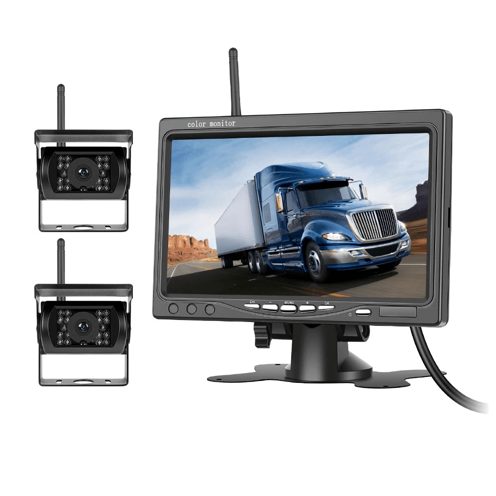 Trådlöst backkamerakit med 7" IPS-skärm och 2 kameror – 1080P AHD, övervakning för lastbil och större fordon.