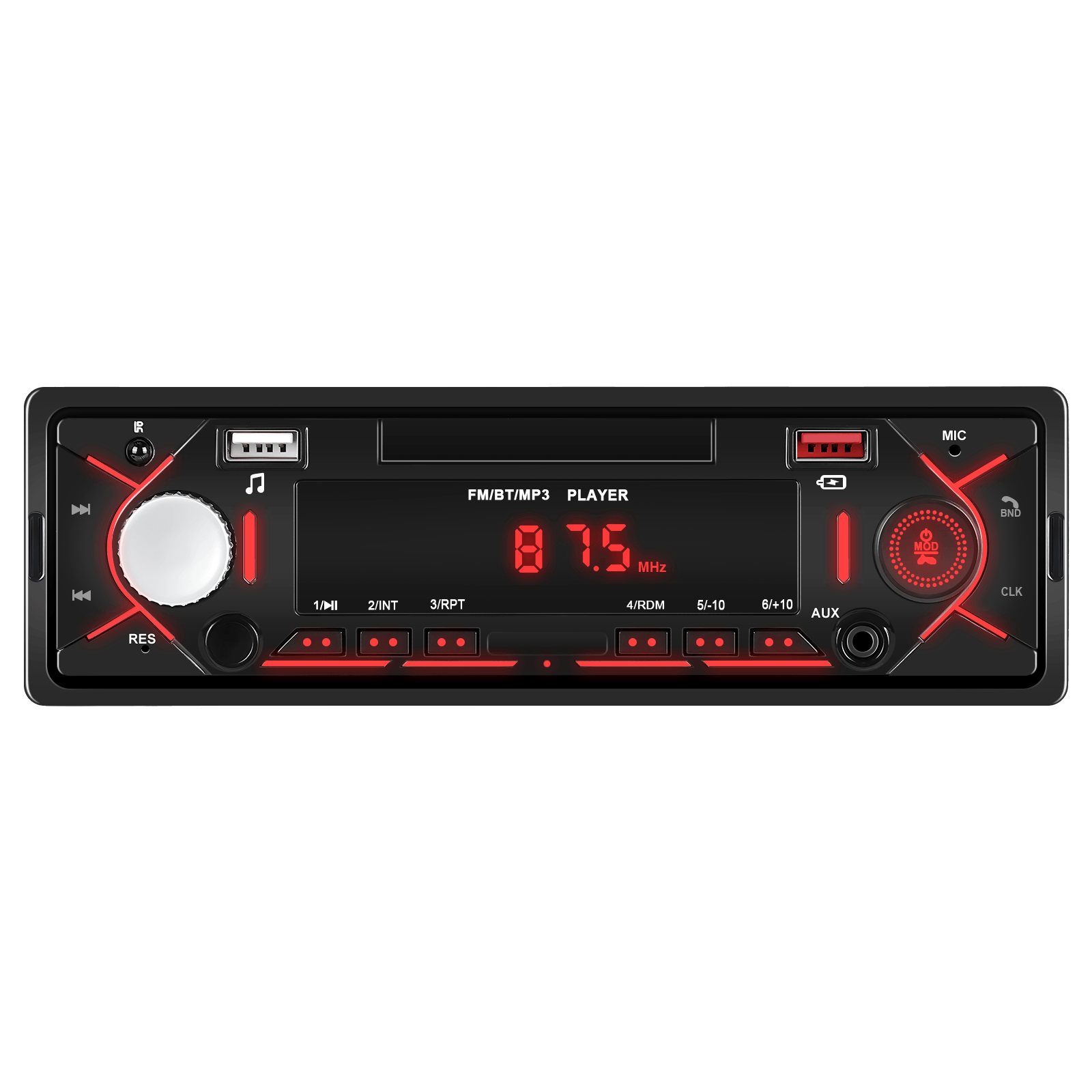 Universel 1-DIN radio m. Bluetooth, FM & USB – MP3 Afspiller med LED Display med rødt lys og USB-porte.