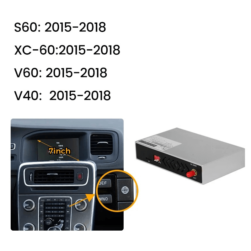 Brezžični modul Apple CarPlay & Android Auto – Volvo S60/XC60/V40/V60 11-18 s 7” zaslonom in enoto.